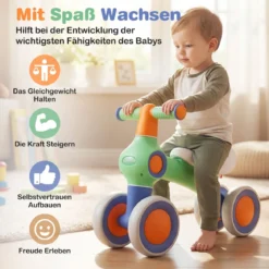 Baby Laufrad mit Verstellbarem Weichem Sitz & 4 Geräuschlose Räder ohne Pedale Grün