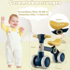 Baby-Laufrad 4-Rad-Kinderfahrrad ohne Pedal 55,5 x 26 x 39 cm Dunkelgrau + Gelb