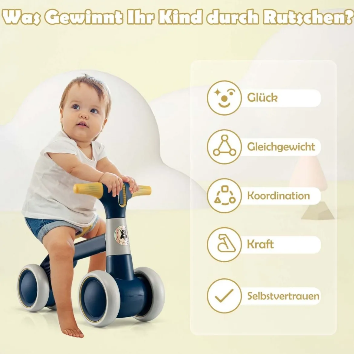 Baby-Laufrad 4-Rad-Kinderfahrrad ohne Pedal 55,5 x 26 x 39 cm Dunkelgrau + Gelb