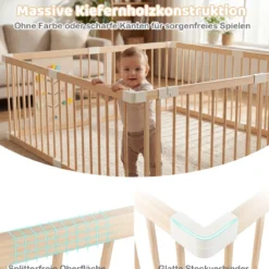 Baby Laufstall aus Kiefernholz inkl. 8 Paneele Faltbarer Laufgitter mit Tür Krabbelgitter 160 x 160 cm