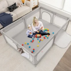 Baby Laufstall mit 50 Bällen & 2 Türen & Atmungsaktivem Netz & Reißverschluss Grau