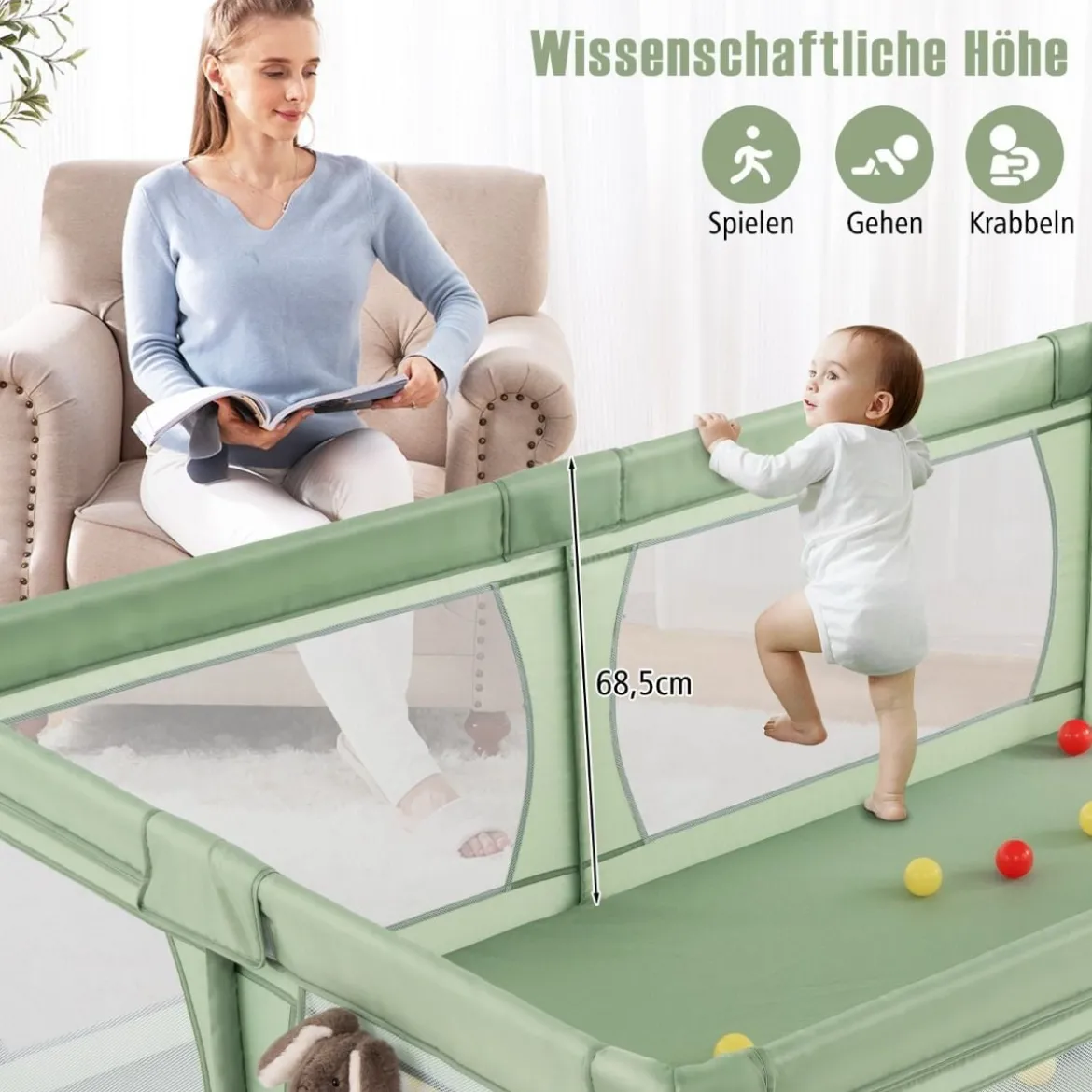 Baby Laufstall mit 50 Bällen & 2 Türen & Atmungsaktivem Netz & Reißverschluss Grün