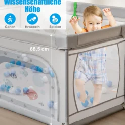 Baby Laufstall mit 50 Bällen & 2 Türen & Atmungsaktivem Netz & Reißverschluss Grau-Fische