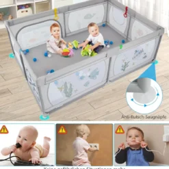Baby Laufstall mit 50 Bällen & 2 Türen & Atmungsaktivem Netz & Reißverschluss Grau-Fische