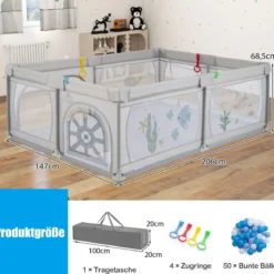 Baby Laufstall mit 50 Bällen & 2 Türen & Atmungsaktivem Netz & Reißverschluss Grau-Fische