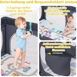 Baby Laufstall mit Matratze & 50 Spielbällen & 4 Zugringen & 4 Reißverschlusstür Dunkelgrau