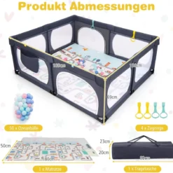 Baby Laufstall mit Matratze & 50 Spielbällen & 4 Zugringen & 4 Reißverschlusstür Dunkelgrau
