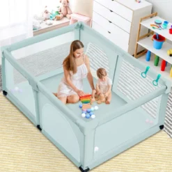 Baby Laufstall mit 50 Spielbällen Laufgitter mit Netz und Reißverschluss 120 x 190 cm Blau