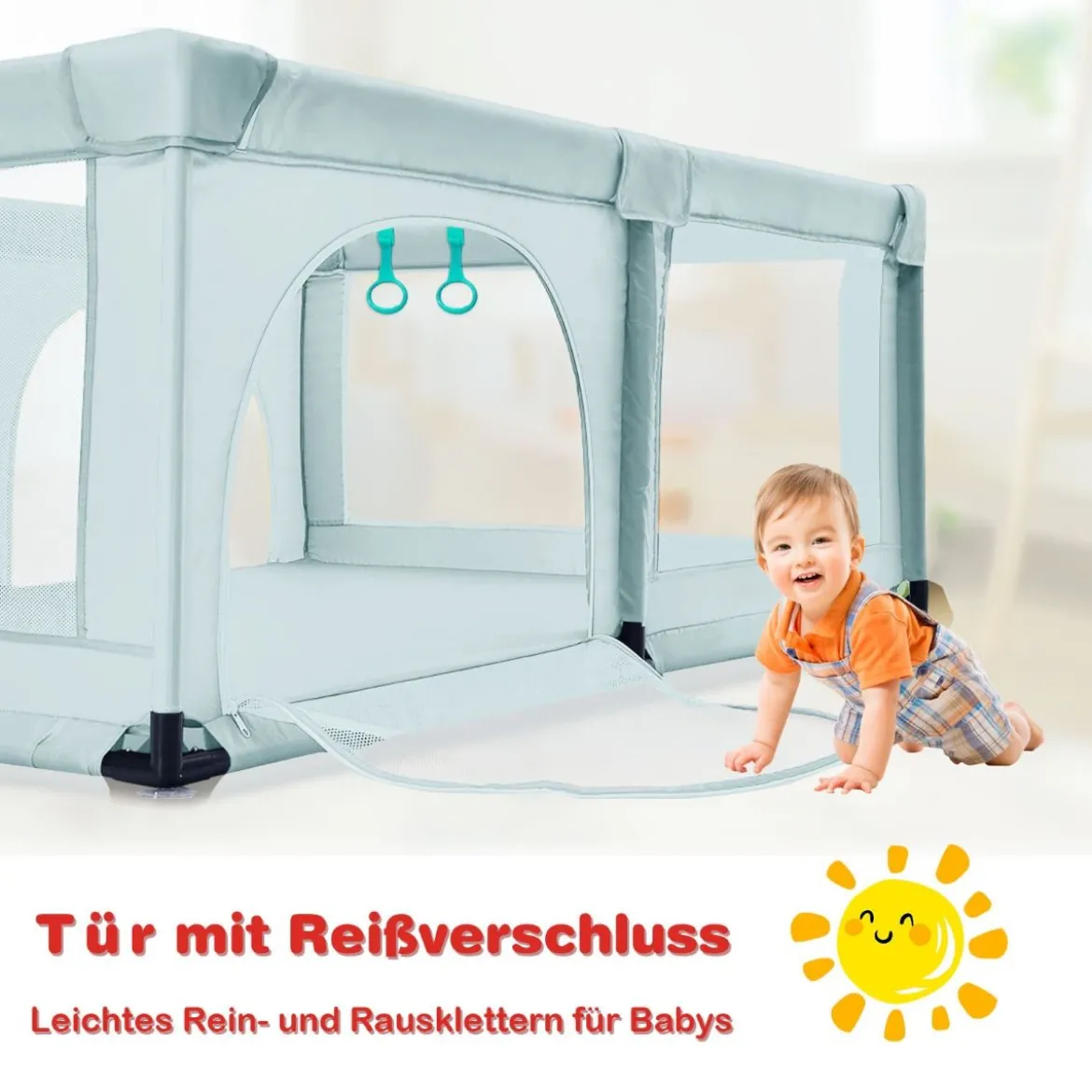 Baby Laufstall mit 50 Spielbällen Laufgitter mit Netz und Reißverschluss 120 x 190 cm Blau