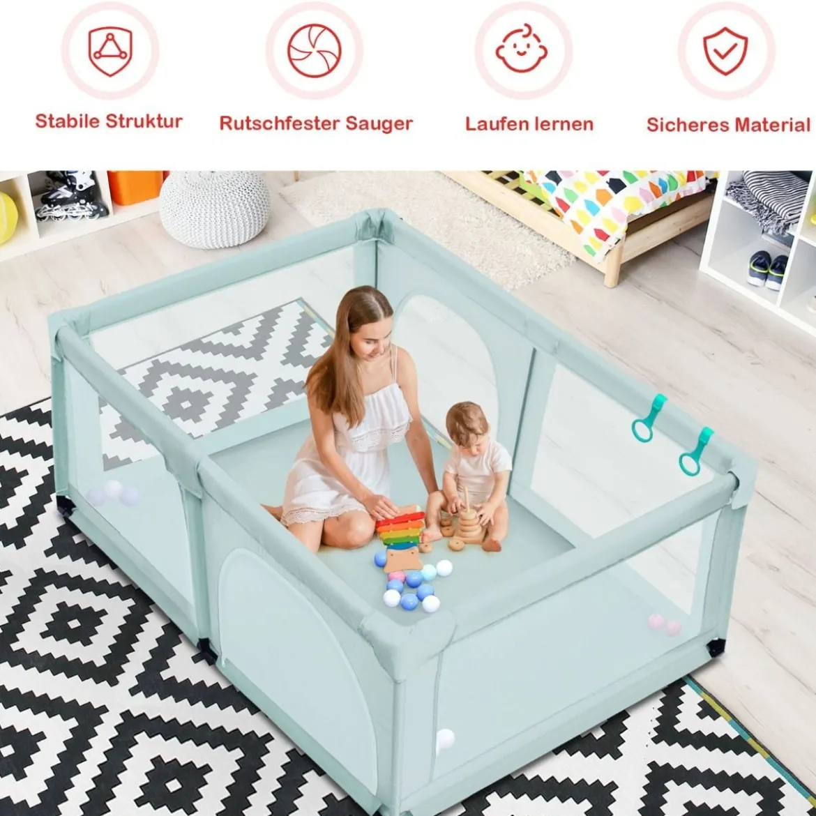Baby Laufstall mit 50 Spielbällen Laufgitter mit Netz und Reißverschluss 120 x 190 cm Blau