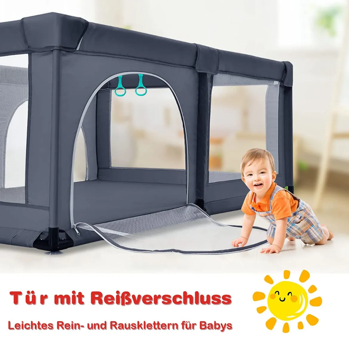 Baby Laufstall mit 50 Spielbällen Laufgitter mit Netz und Reißverschluss 120 x 190 cm Dunkelgrau