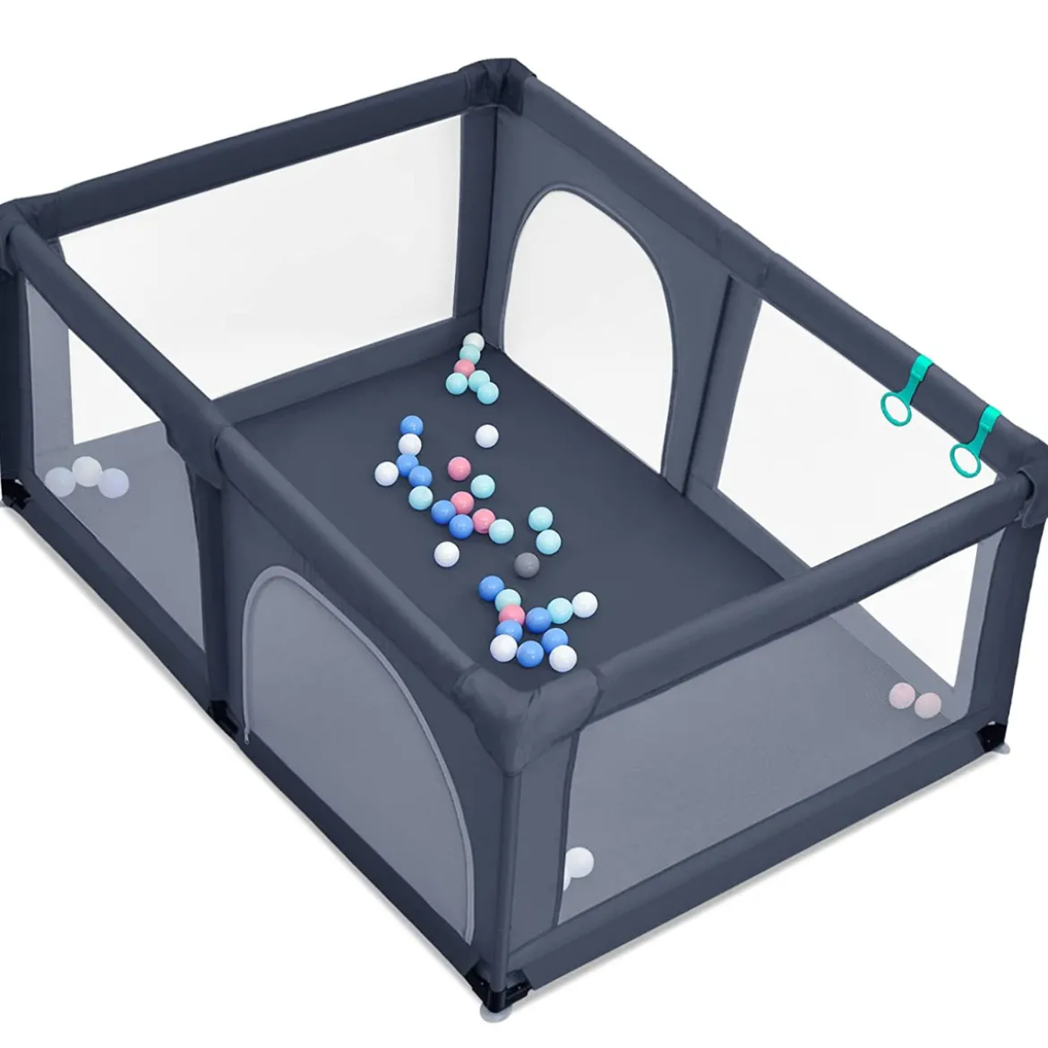 Baby Laufstall mit 50 Spielbällen Laufgitter mit Netz und Reißverschluss 120 x 190 cm Dunkelgrau