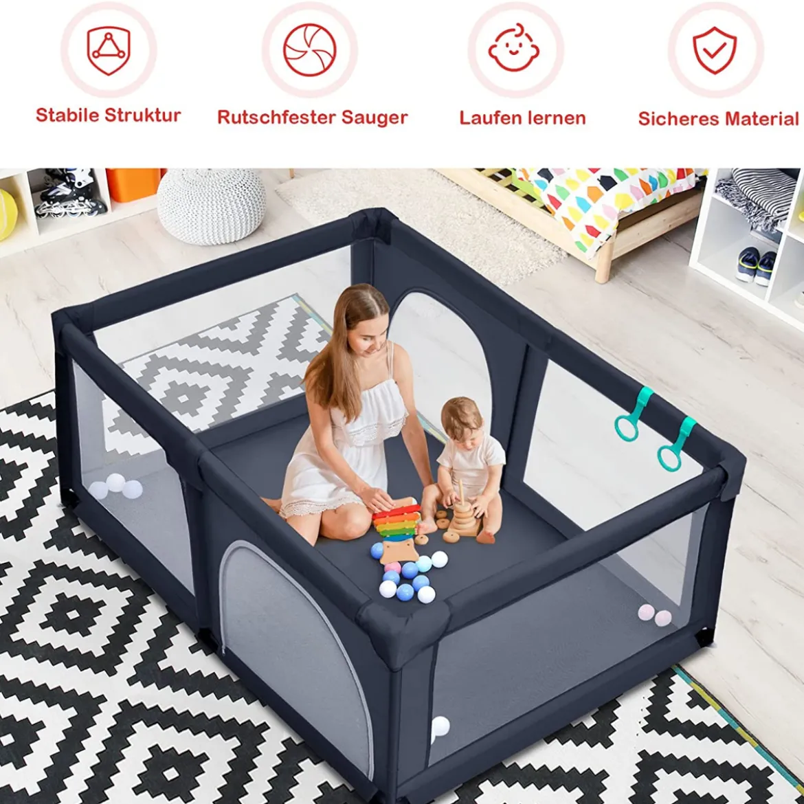 Baby Laufstall mit 50 Spielbällen Laufgitter mit Netz und Reißverschluss 120 x 190 cm Dunkelgrau
