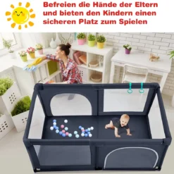 Baby Laufstall mit 50 Spielbällen Laufgitter mit Netz und Reißverschluss 120 x 190 cm Dunkelgrau