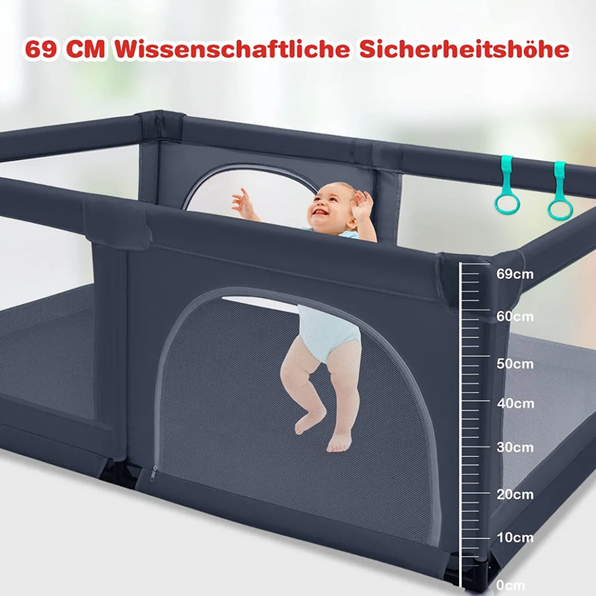 Baby Laufstall mit 50 Spielbällen Laufgitter mit Netz und Reißverschluss 120 x 190 cm Dunkelgrau