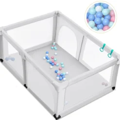 Baby Laufstall mit 50 Spielbällen Laufgitter mit Netz und Reißverschluss 120 x 190 cm Grau