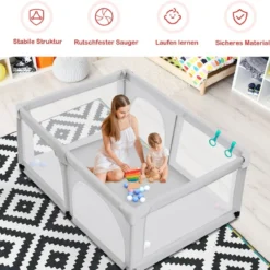 Baby Laufstall mit 50 Spielbällen Laufgitter mit Netz und Reißverschluss 120 x 190 cm Grau