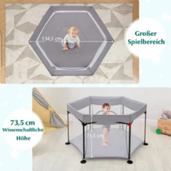 Baby-Laufstall Sechseckiger Faltbarer Laufstall mit Abnehmbarem Baldachin Grau