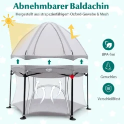 Baby-Laufstall Sechseckiger Faltbarer Laufstall mit Abnehmbarem Baldachin Grau