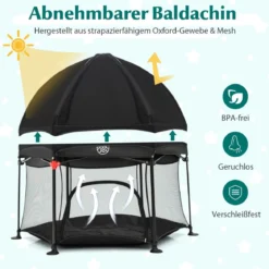 Baby-Laufstall Sechseckiger Faltbarer Laufstall mit Abnehmbarem Baldachin Schwarz