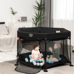 Baby-Laufstall Sechseckiger Faltbarer Laufstall mit Abnehmbarem Baldachin Schwarz