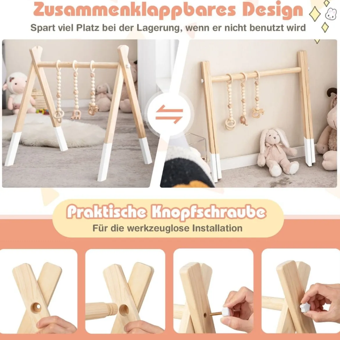 Baby Spielbogen Holz Spieltrapez Klappbar Baby Gym 60 x 44 x 60 cm Weiß