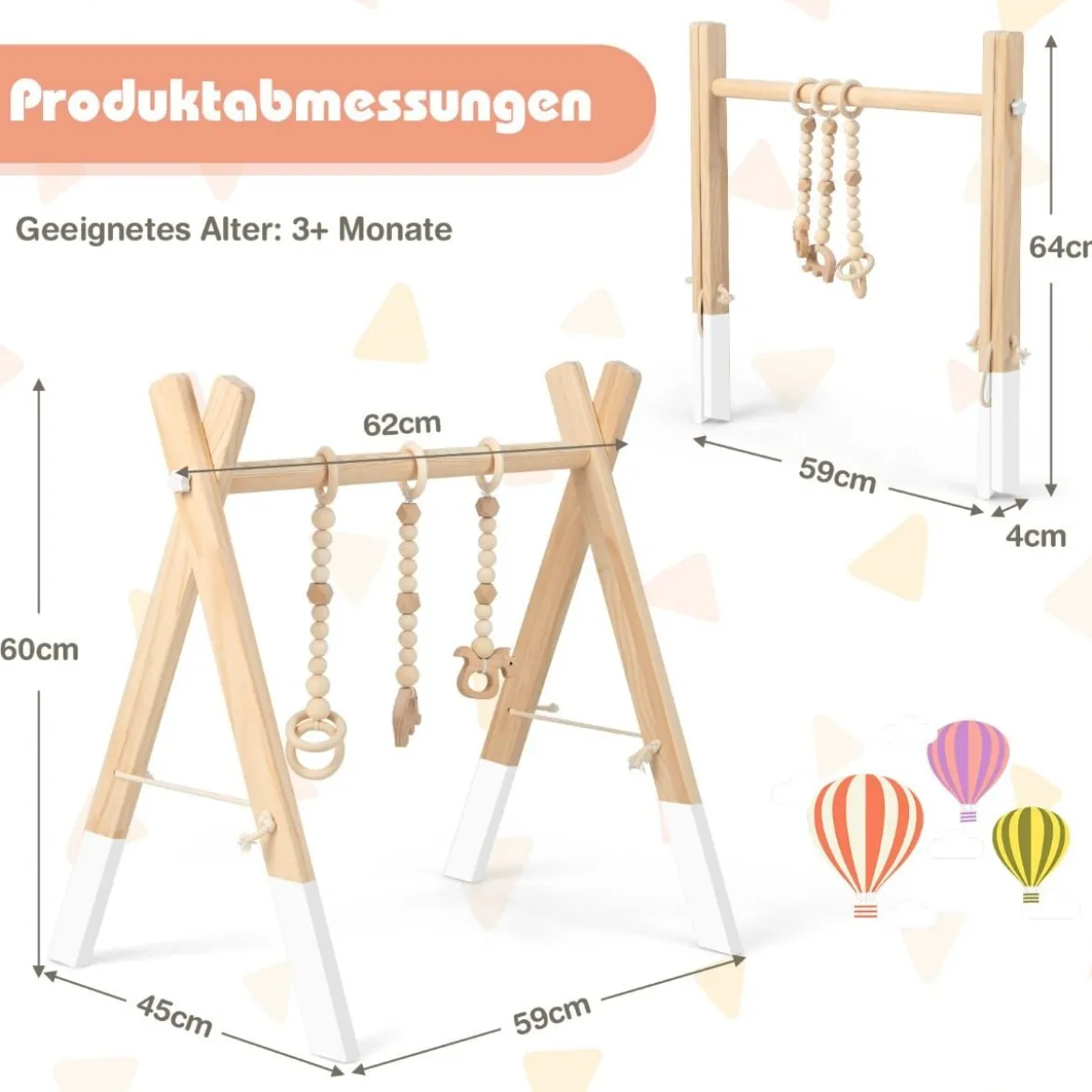 Baby Spielbogen Holz Spieltrapez Klappbar Baby Gym 60 x 44 x 60 cm Weiß
