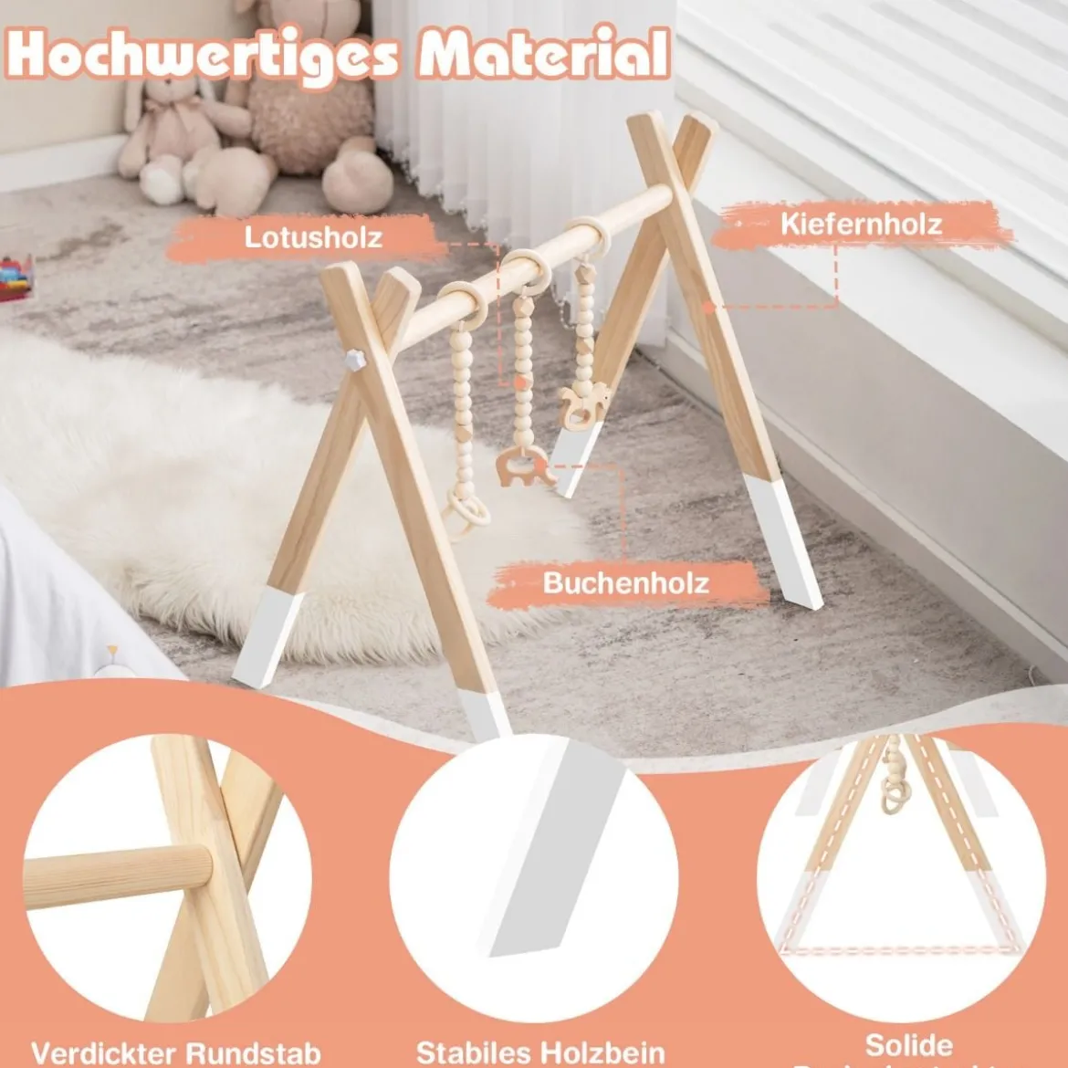 Baby Spielbogen Holz Spieltrapez Klappbar Baby Gym 60 x 44 x 60 cm Weiß