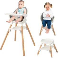 Babystuhl 6 in 1 Babyhochstuhl aus PP & Buchenholz 62 x 59 x 90 cm Weiß
