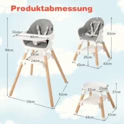 Babystuhl 6 in 1 Babyhochstuhl aus PP & Buchenholz 62 x 59 x 90 cm Weiß