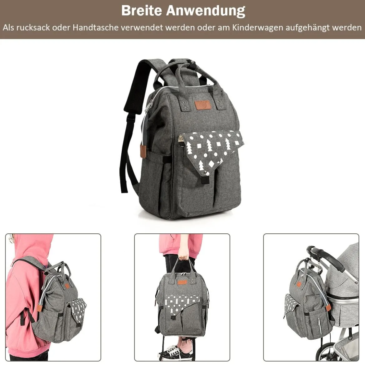 Baby Wickelrucksack Wickeltasche multifunktional Babytasche Grau