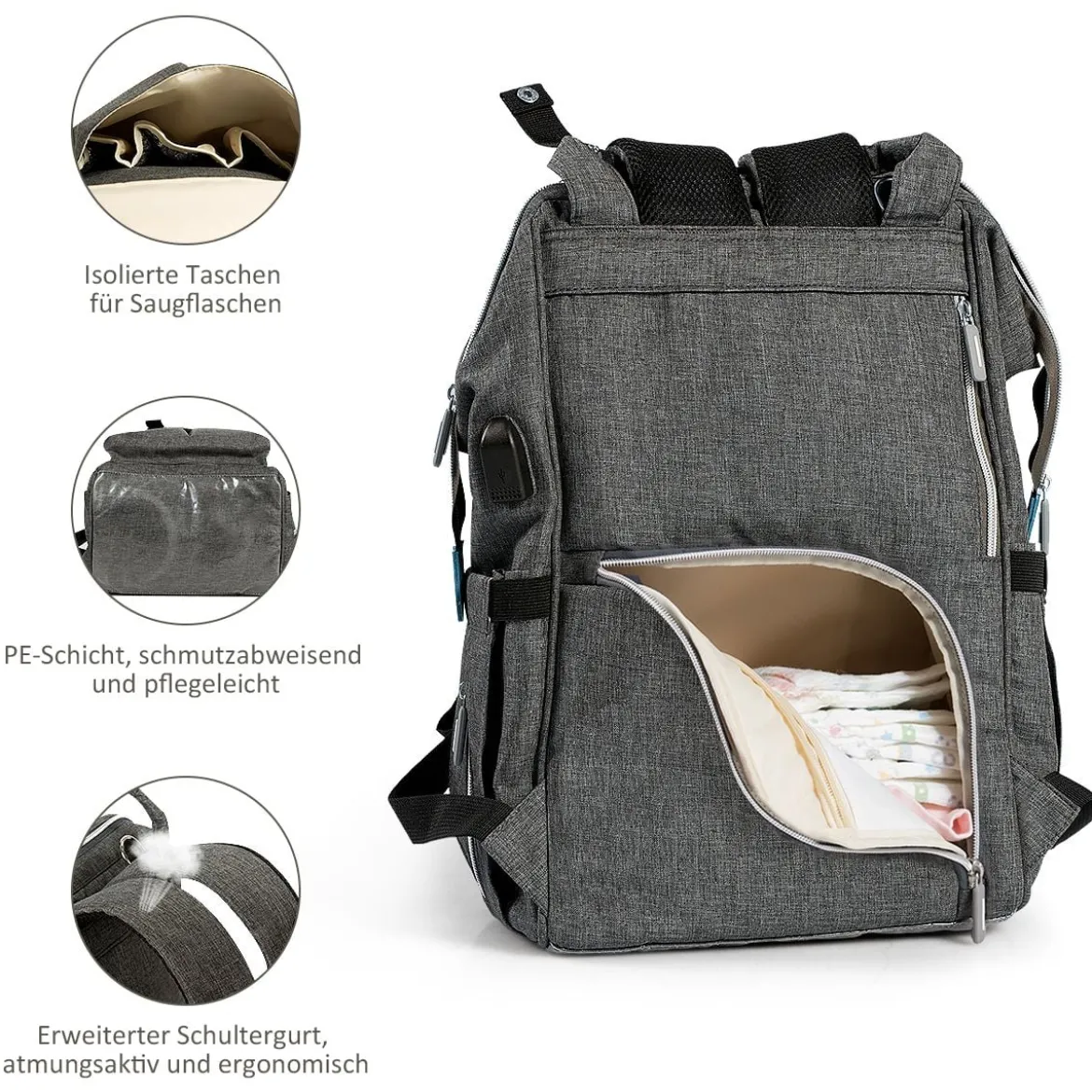 Baby Wickelrucksack Wickeltasche multifunktional Babytasche Grau