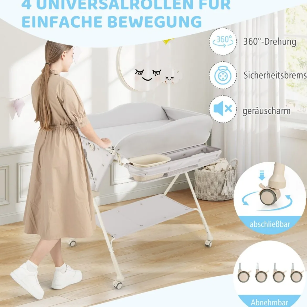 Baby Wickeltisch faltbare Wickelstation mit Wasserbecken Aufbewahrungskorb Grau
