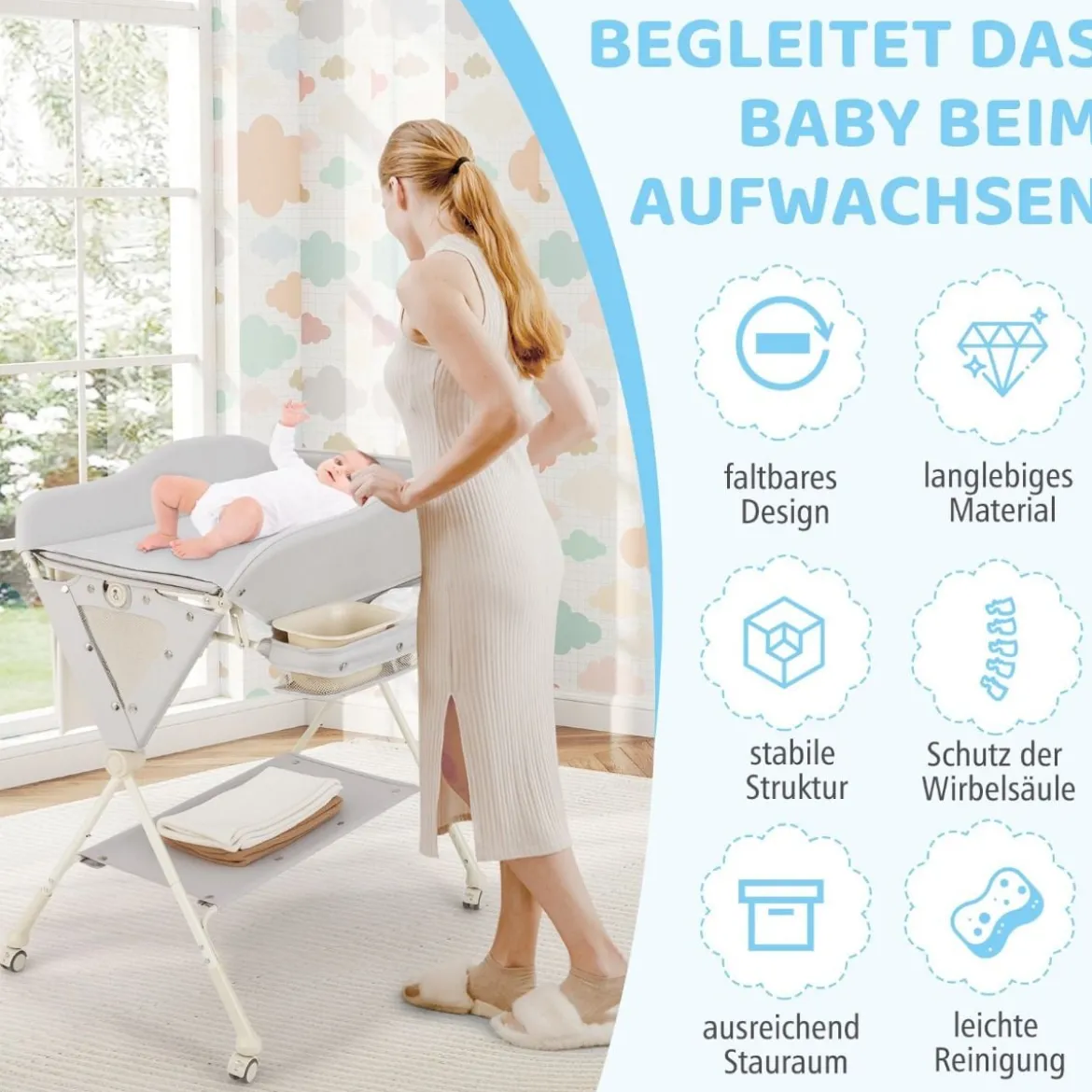 Baby Wickeltisch faltbare Wickelstation mit Wasserbecken Aufbewahrungskorb Grau