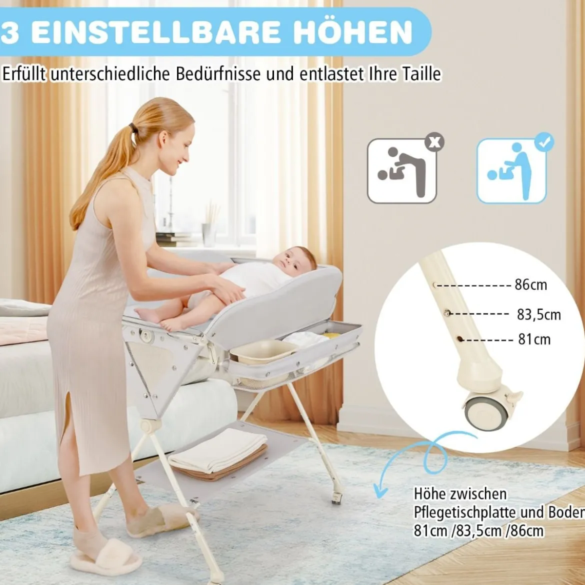 Baby Wickeltisch faltbare Wickelstation mit Wasserbecken Aufbewahrungskorb Grau