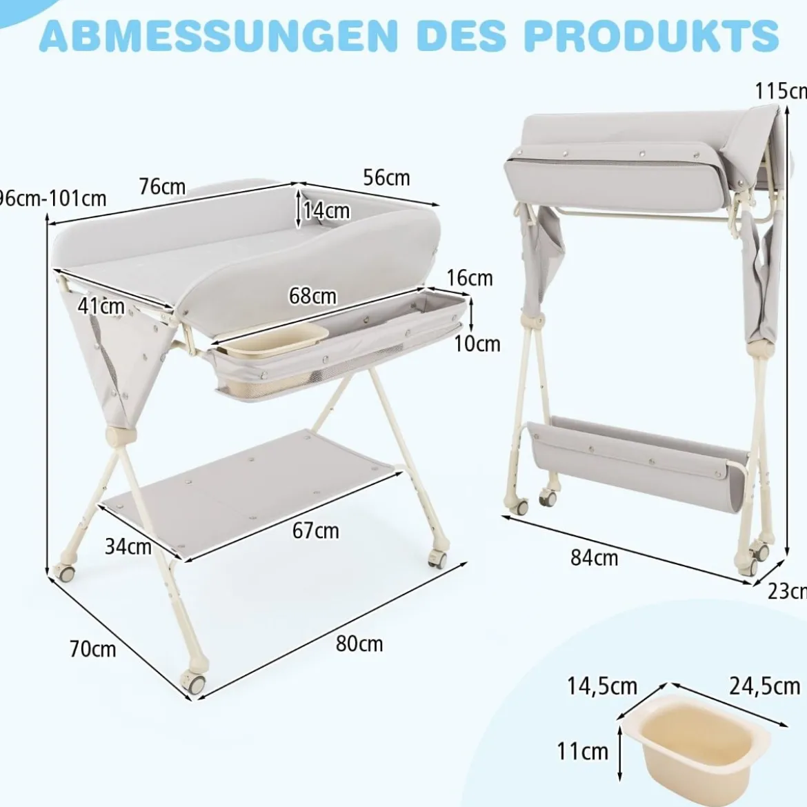 Baby Wickeltisch faltbare Wickelstation mit Wasserbecken Aufbewahrungskorb Grau