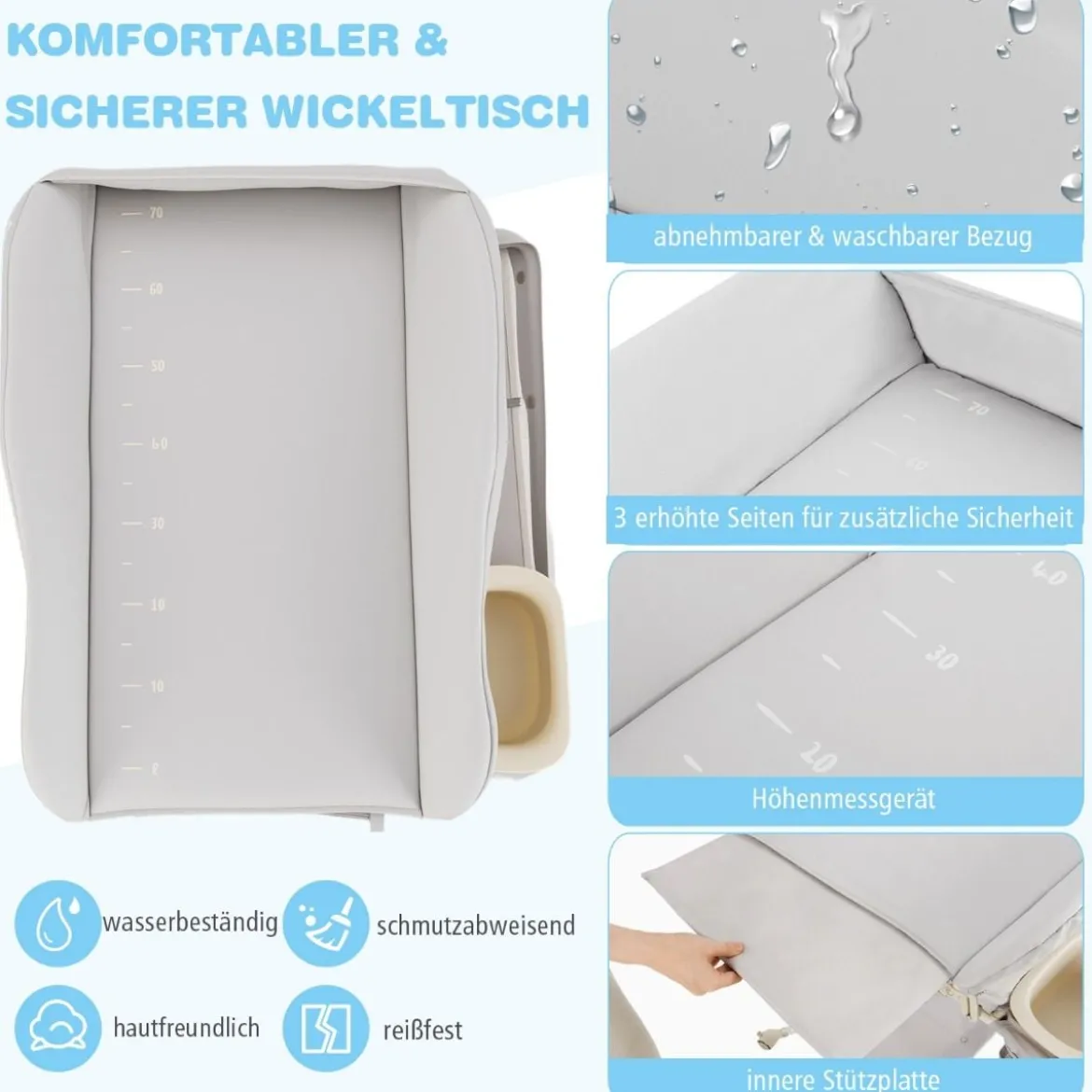 Baby Wickeltisch faltbare Wickelstation mit Wasserbecken Aufbewahrungskorb Grau