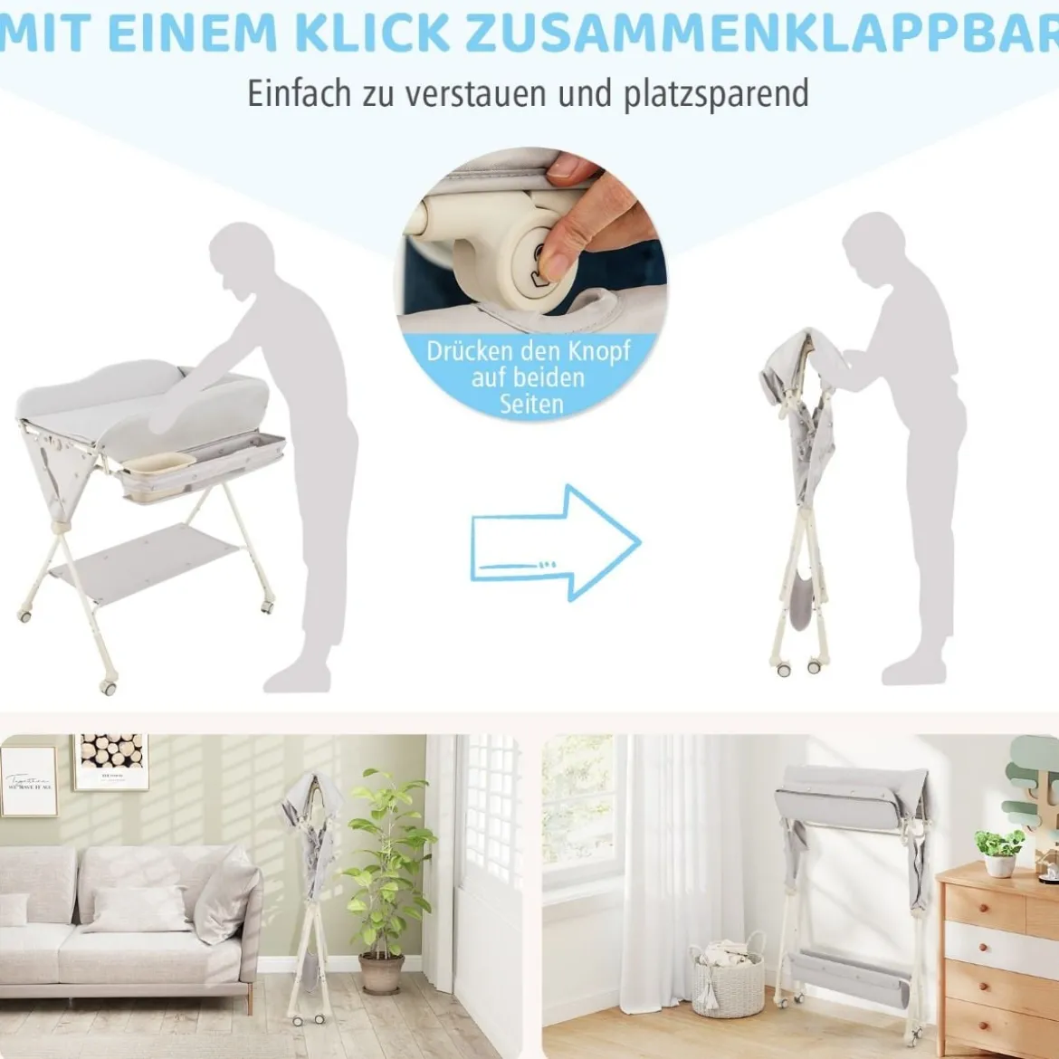 Baby Wickeltisch faltbare Wickelstation mit Wasserbecken Aufbewahrungskorb Grau