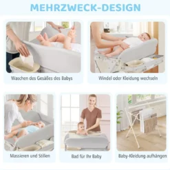 Baby Wickeltisch faltbare Wickelstation mit Wasserbecken Aufbewahrungskorb Grau