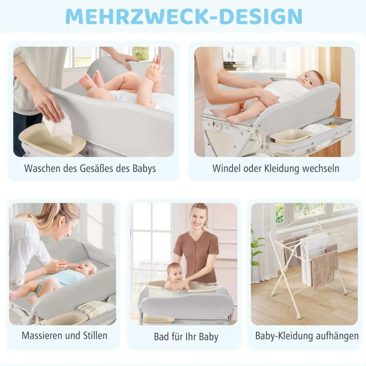 Baby Wickeltisch faltbare Wickelstation mit Wasserbecken Aufbewahrungskorb Grau