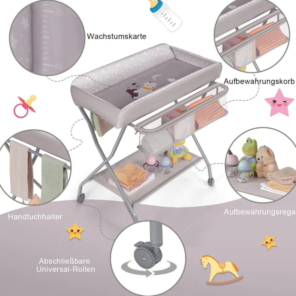 Baby-Wickeltisch Klappbare Baby-Wickelstation mit Aufbewahrungskorb 93 x 68 x 103 cm Grau