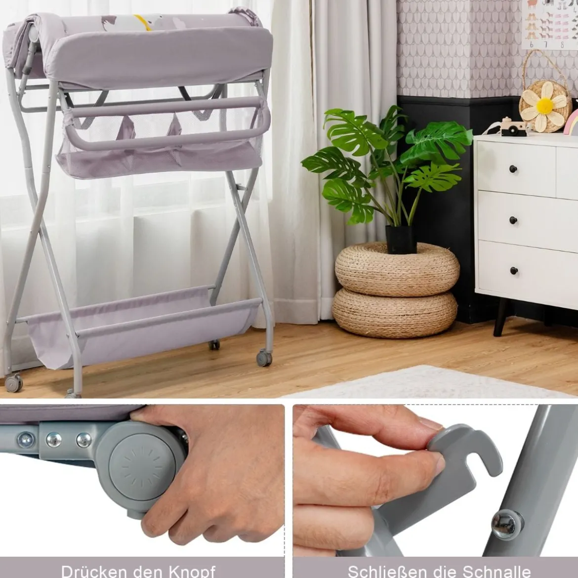 Baby-Wickeltisch Klappbare Baby-Wickelstation mit Aufbewahrungskorb 93 x 68 x 103 cm Grau