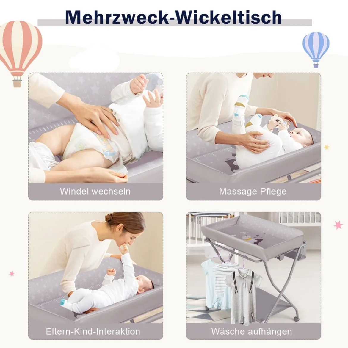 Baby-Wickeltisch Klappbare Baby-Wickelstation mit Aufbewahrungskorb 93 x 68 x 103 cm Grau