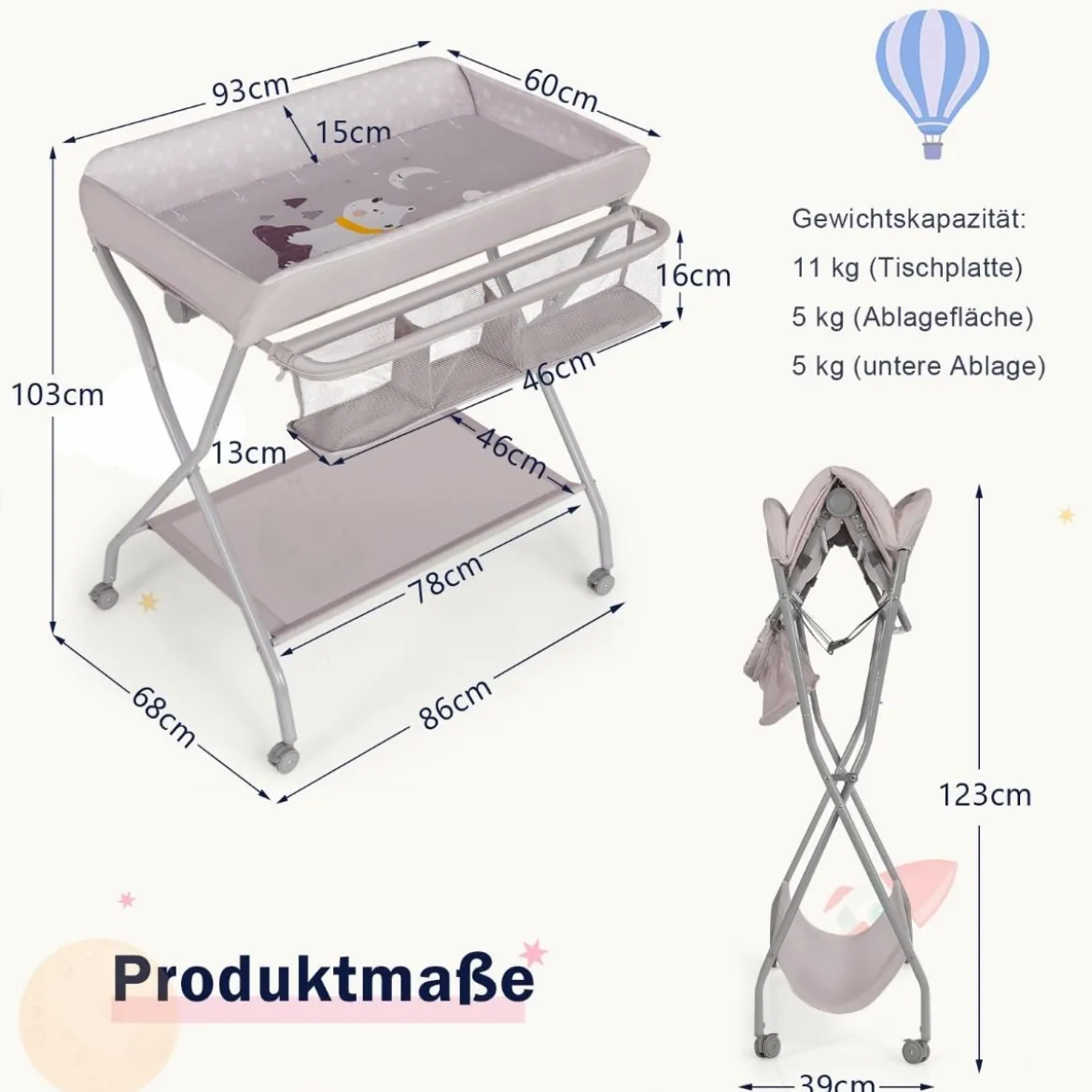 Baby-Wickeltisch Klappbare Baby-Wickelstation mit Aufbewahrungskorb 93 x 68 x 103 cm Grau