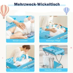 Baby Wickeltisch mit großem Aufbewahrungskorb und Regal für Neugeborene Blau