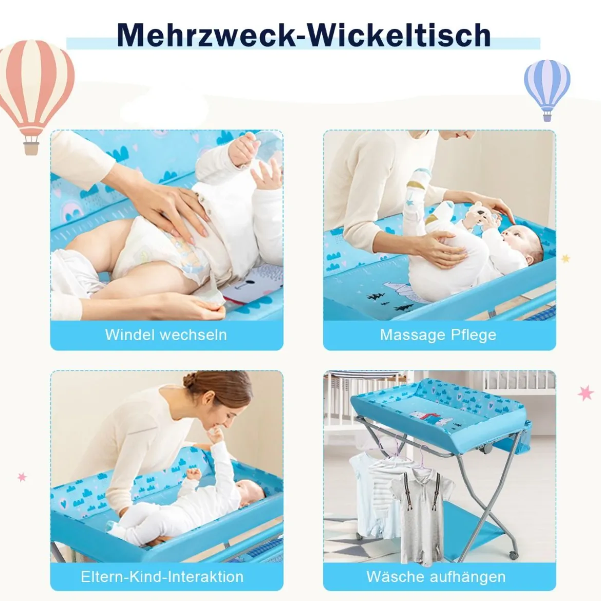 Baby Wickeltisch mit großem Aufbewahrungskorb und Regal für Neugeborene Blau