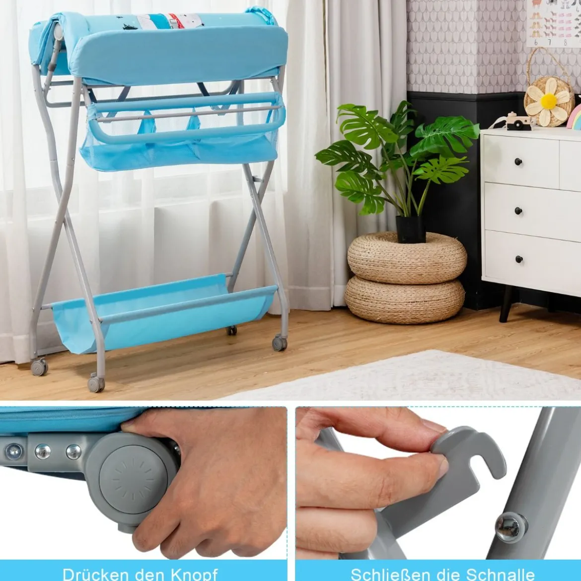 Baby Wickeltisch mit großem Aufbewahrungskorb und Regal für Neugeborene Blau