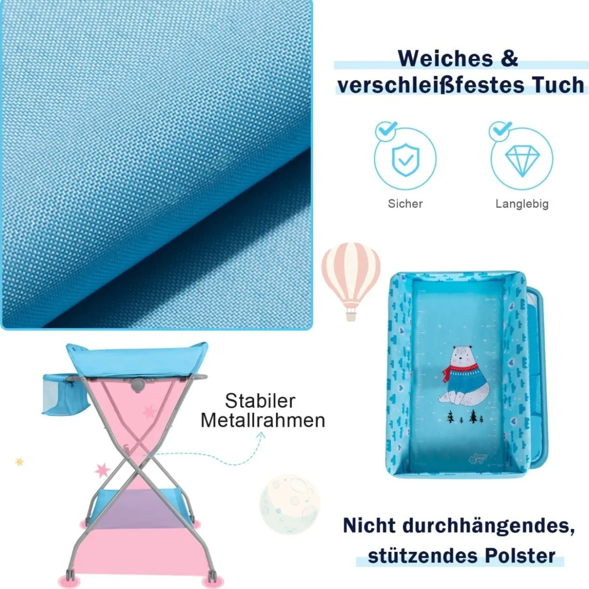 Baby Wickeltisch mit großem Aufbewahrungskorb und Regal für Neugeborene Blau