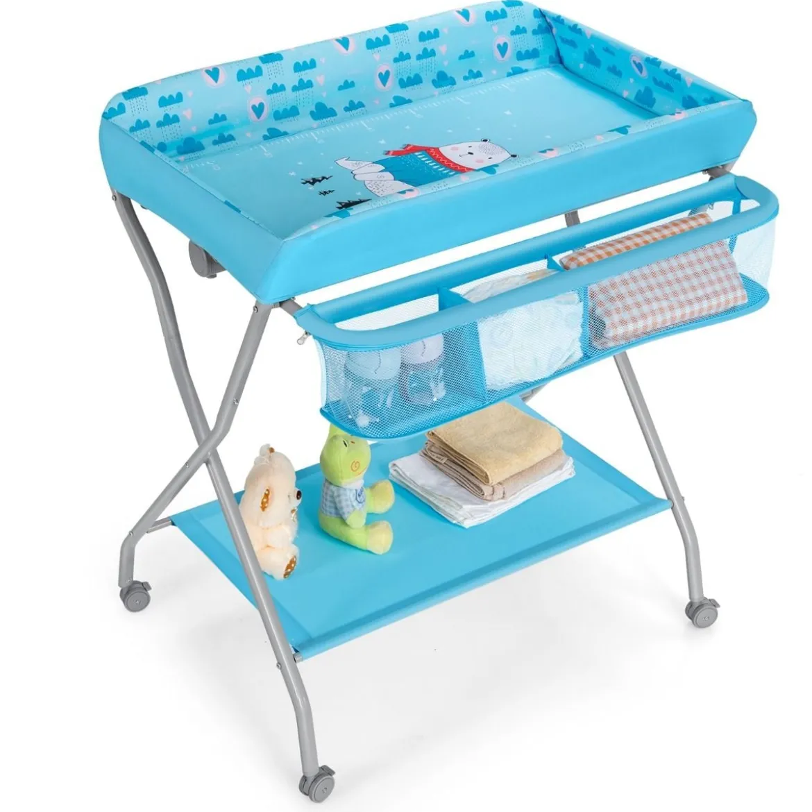Baby Wickeltisch mit großem Aufbewahrungskorb und Regal für Neugeborene Blau