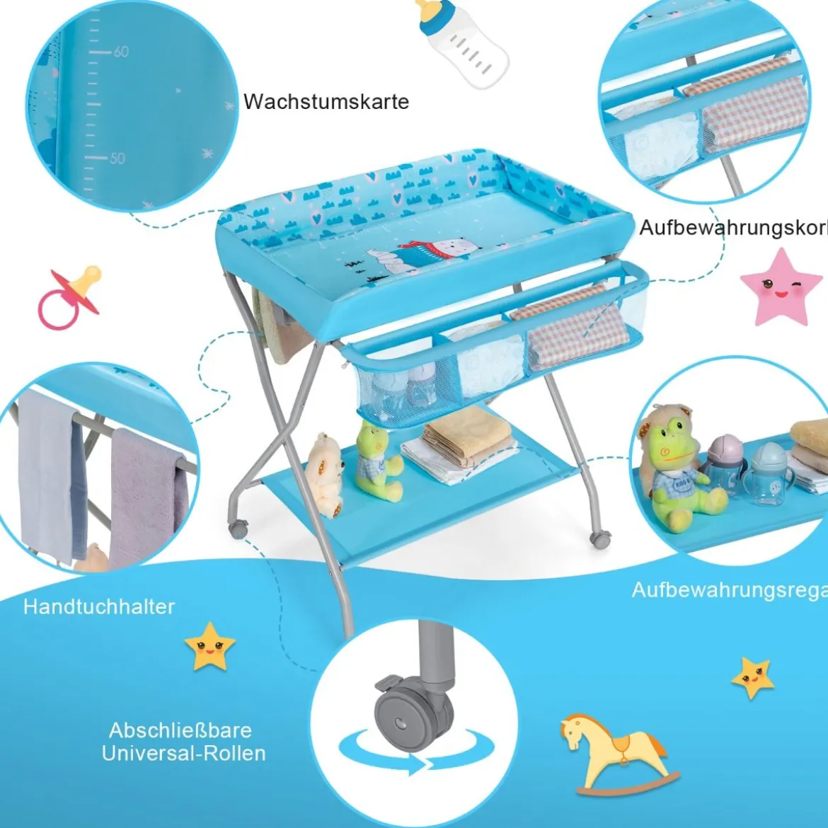 Baby Wickeltisch mit großem Aufbewahrungskorb und Regal für Neugeborene Blau